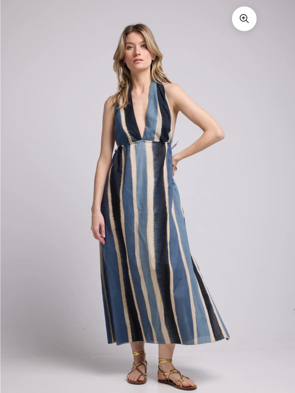 Striped Deep V Halter Maxi Dress in Blue and Cream stripe